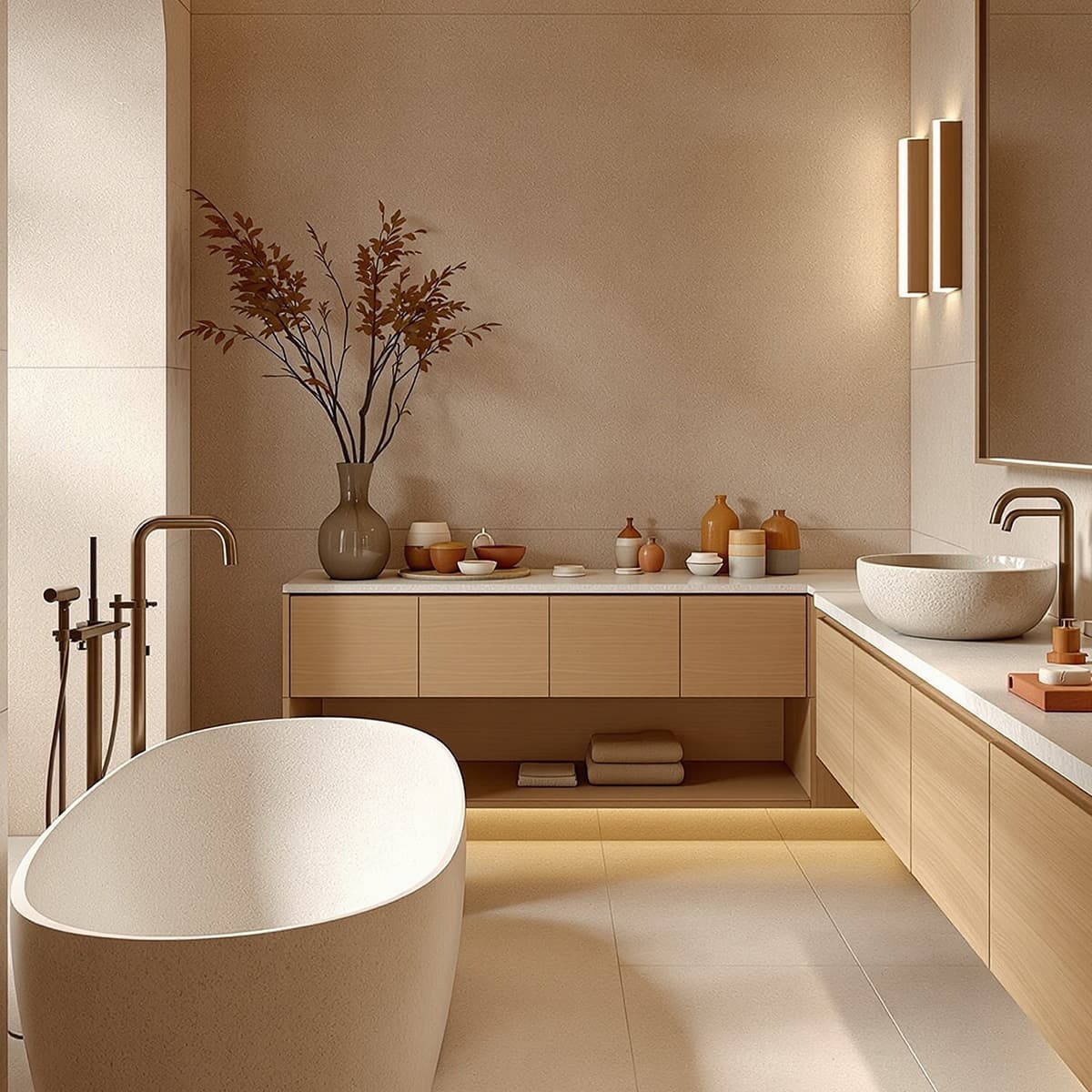 Bagno tonalità sabbia con vasca