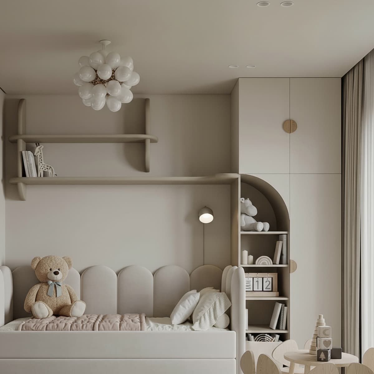 Camera da letto beige con pupazzo