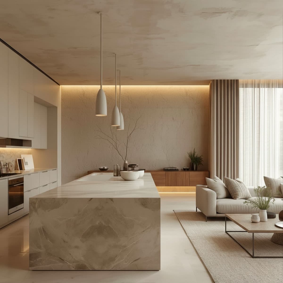 Focus cucina con tavolo in marmo