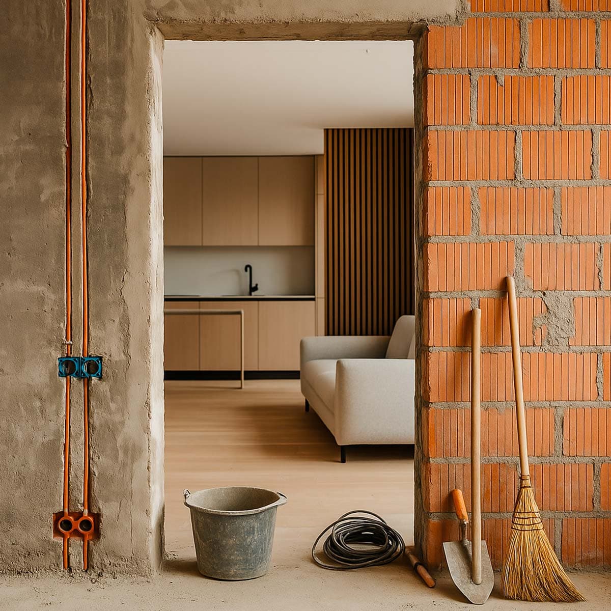 Contrasto muri di cantiere con interni arredati