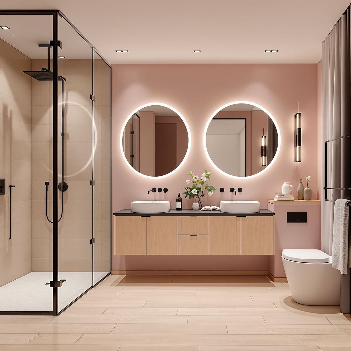 Interni bagno con ledwall dietro specchi