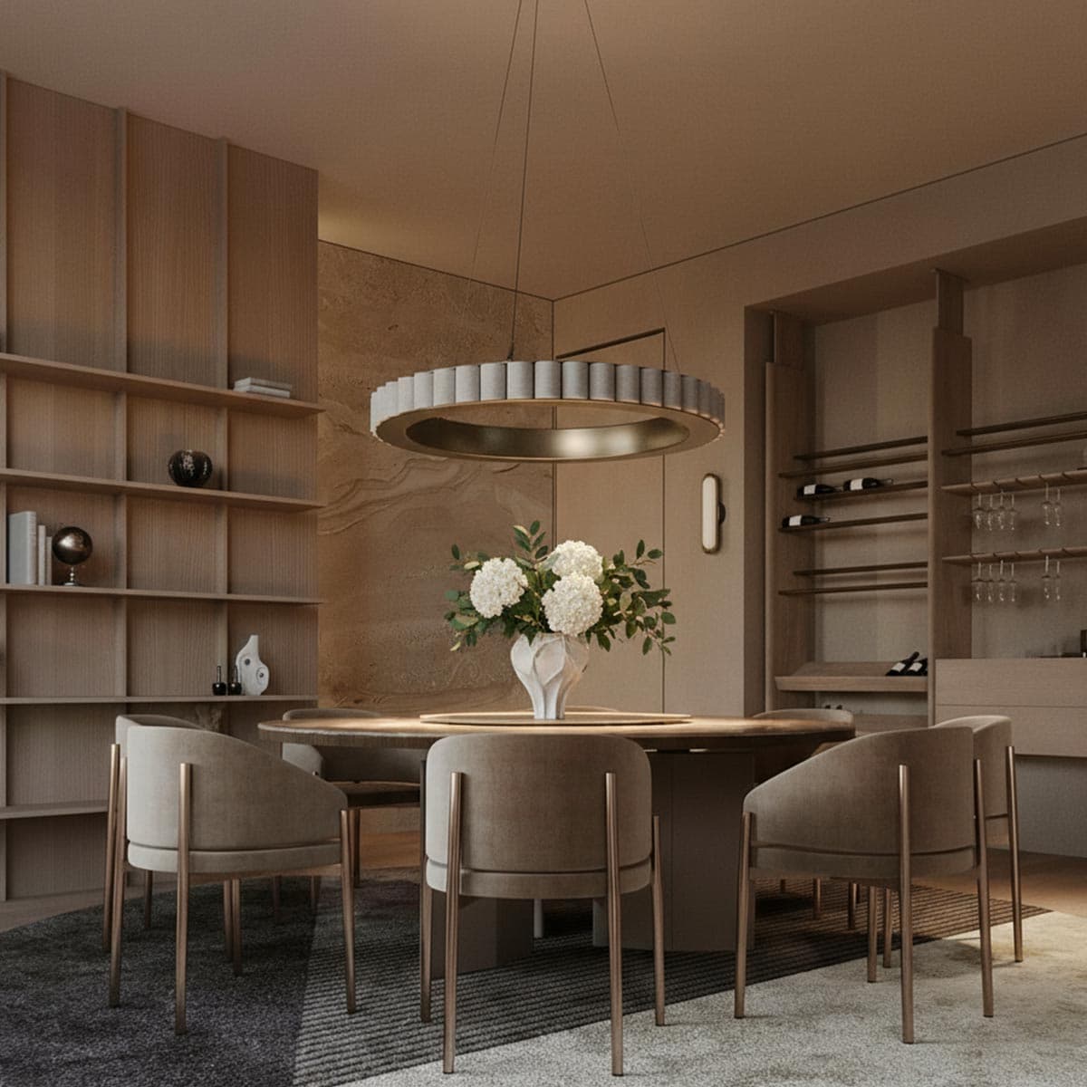 Salotto con tavolo circolare e lampadario circolare