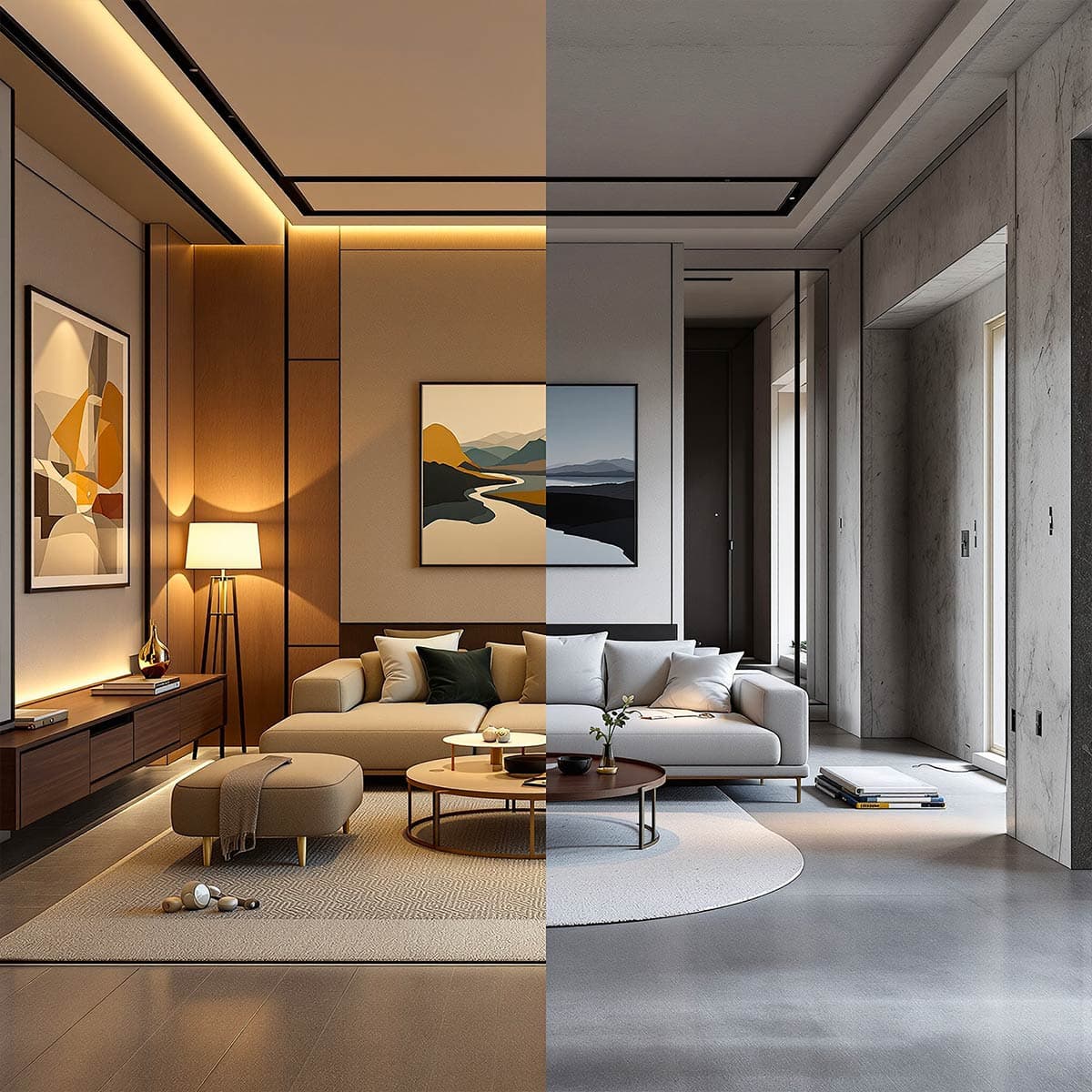 Salotto doppio ambiente toni caldi e freddi