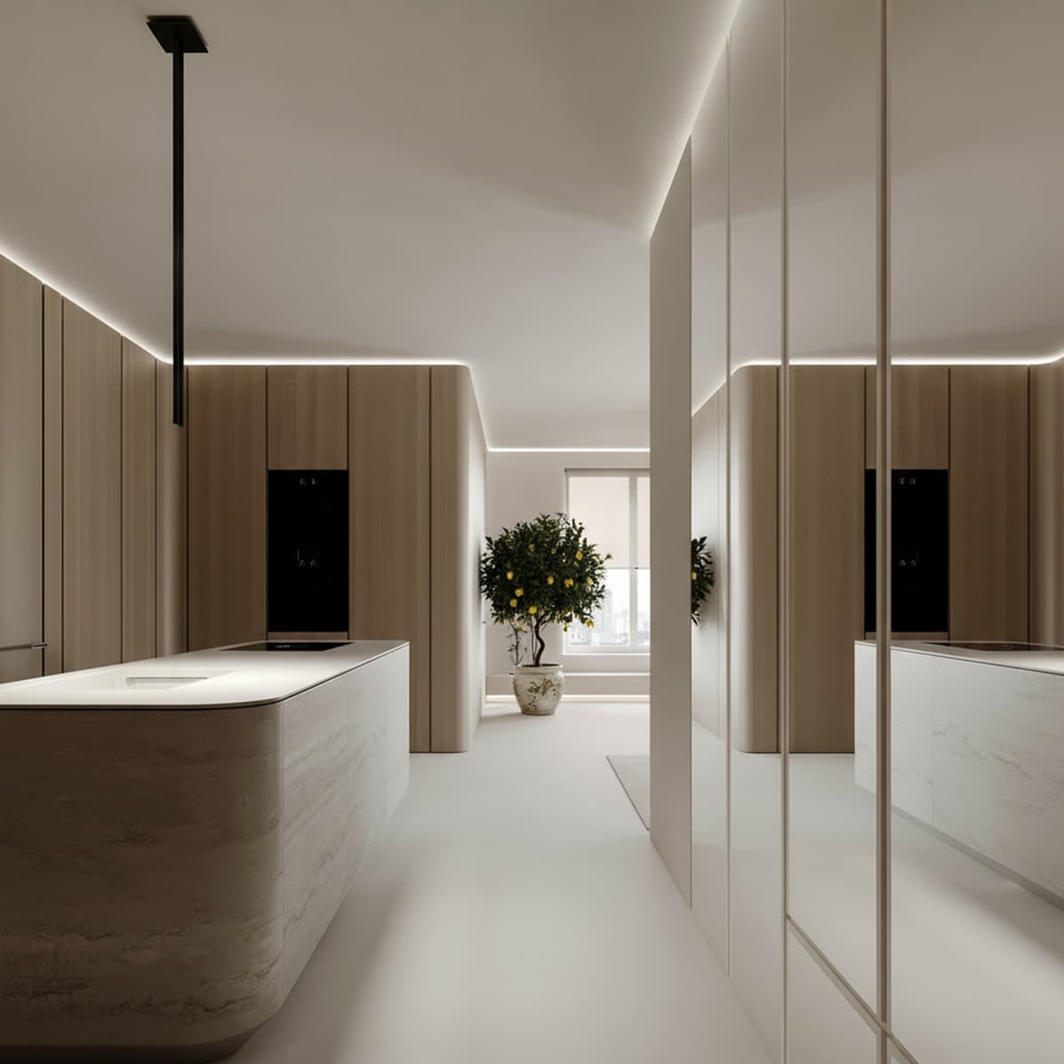 Isola di cucina in legno con armadio frontale ad ante vetrate