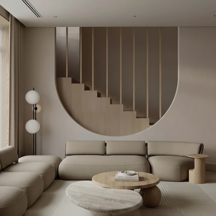 Salotto con muro su scale aperte